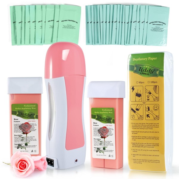 Roll On Wax Kit for Hair Removal, Rose Soft Wax Roller Kit for Women Men Waxing with 100 Wax Strips + 10 Pre Clean Wipes and 20 After Oil Bag, Depilatory Roll On Wax Warmer for Sensitive Skin at Home