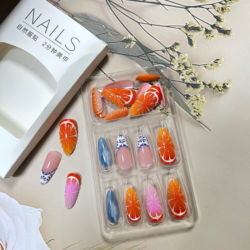 24Pcs French Tip Press on Nails Long Length Almond Shaped