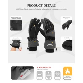 Ski Gloves for Men Women - Winter Snow Gloves Windproof & Waterproof for Cold Weather, Thinsulate Warm Snow Sports Gloves with Pocket Skiing Snowboarding Snowmobile Gloves for Adult Youth Gray XS