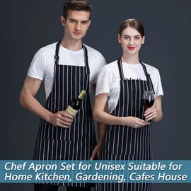 Apron and Chef Hat Set, Adjustable Chefs Apron Chef Outfit Adult, Kitchen Apron with Pockets Black and White Striped, Chefs Hat Chef Aprons for Unisex Suitable for Home Kitchen, Gardening, Cafes House