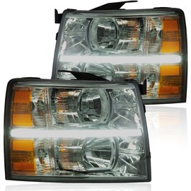 G-PLUS LED DRL Headlights, Compatible with 2007-2014 Chevy Silverado 2500 3500 & HD/2007-2013 Silverado 1500, Driver Side & Passenger Side, Smoky lens Chrome Housing Amber Reflector