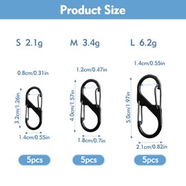 ZAOHUI 15 Pcs Small Carabiner Clips, S Carabiner Keyring Clip, Mini Carabiner Clip, Dual Spring Snap Hooks for Outdoor Hiking Camping Fishing(Black, 3 Sizes)