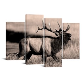 LevvArts Deer Pictures Wall Decor Sepia Brown Bull Elk Canvas Art Painting Farmhouse Living Room Kitchen Decor Vintage Wildlife Animal Artwork Ready to Hang