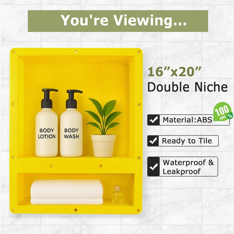 Suteck 16" x 20" Shower Niche Double Shelf -Yellow Rectangle