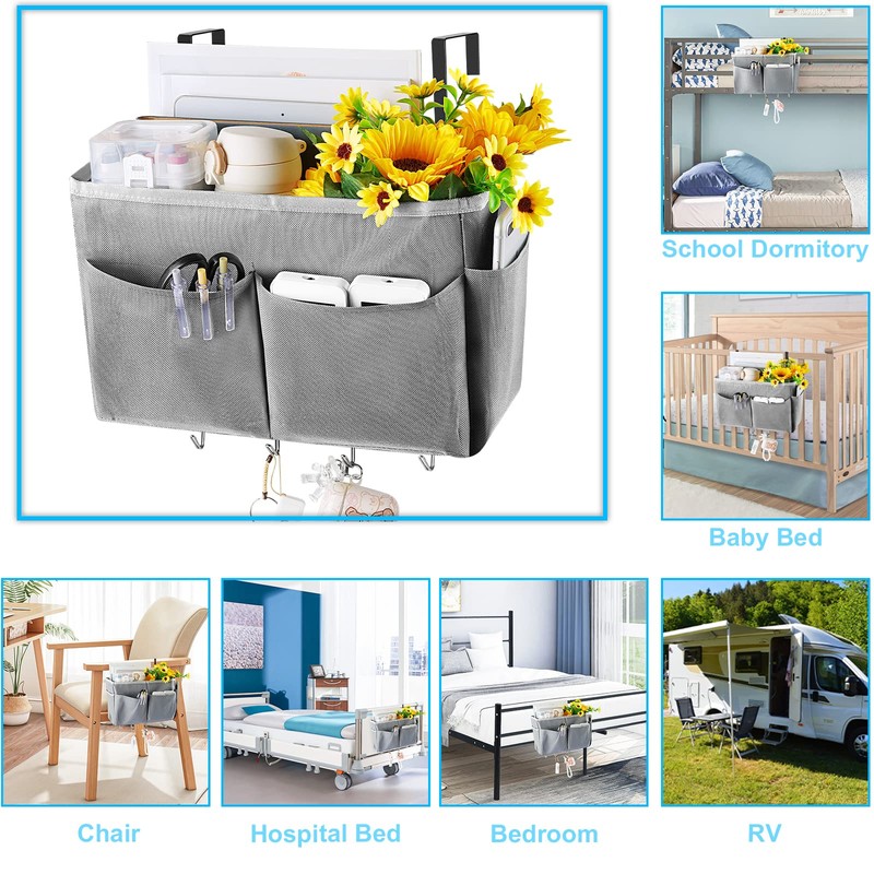 Frjjthchy Bedside Storage Organizer 5 Pockets with 4 Hooks Hanging