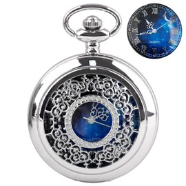 Tiong Pocket Watch Hollow Blue Star Design Roman Numerals Quartz with Chain Christmas Birthday Gifts