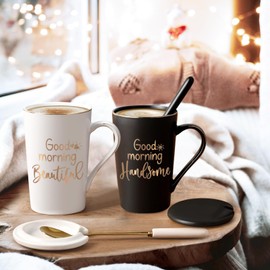 YHRJWN Couple Gifts, Good Morning Beautiful Handsome Coffee Mugs, His and Hers Gifts, Couple Coffee Mugs Set of 2, Christmas Valentines Day Gifts for Couples, Valentine's Coffee Mugs, 14 Oz
