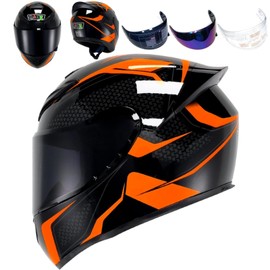 HTLNUZD Full Face Motorcycle Helmet Racing Motocross Helmets with Pinlock Compatible Clear&Tinted Visors DOT Model Approved Street Bike Helmet (XXL, Orange Block)