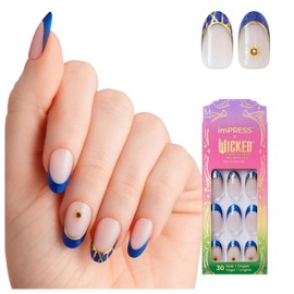 imPRESS X WICKED: FOR GOOD Press On Nails, â€˜Wickedly Braveâ€™, Blue, Medium Oval, New Improved Adhesive, Up To 10 Day Hold, Includes 30 Fake Nails, 1 Prep Pad, 1 Manicure Stick, 1 Mini File