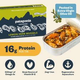 Patagonia Provisions - Lemon Herb Mussels in Extra Virgin Olive Oil | Responsibly sourced | 16g Protein & Gluten Free | Pack of 10