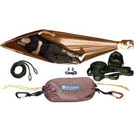 Go Hammock 2.0 + Quick Link Tree Straps - 11' Long for Max Comfort, w/Ridgeline, Rapid Deployment Bag, Carabiners & Fabric Tensioners + Hammock Tree Strap Set (Coyote Brown)