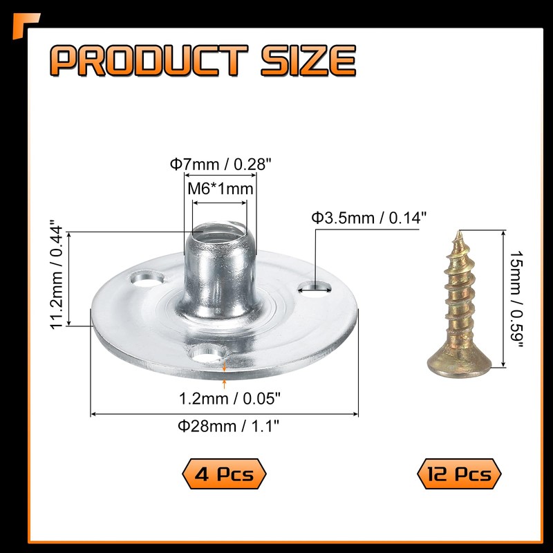 uxcell 4Pcs M6 T-Nuts, Zinc Plated Steel Brad Hole Tee