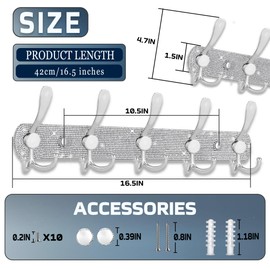 BlackFish Wall Mounted Coat Rack, Shiny Silver Rhinestones Five Heavy Duty Tri Hooks, Freestanding Purse Rack for Coat Hat Towel Purse Robes Mudroom Bathroom Entryway (2 Packs)