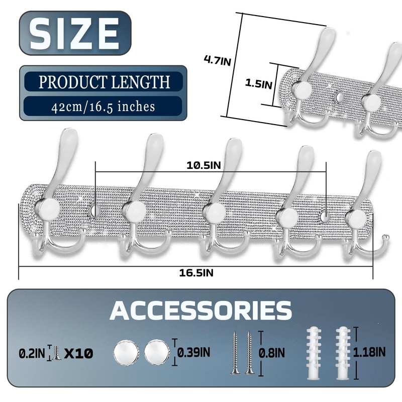 BlackFish Wall Mounted Coat Rack, Shiny Silver Rhinestones Five Heavy