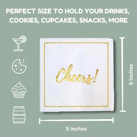 Cheers Cocktail Napkins, 100 Pack, Gold Foil Disposable Beverage Napkin for Wedding Receptions, Bridal Showers, New Year's, Birthdays, Baby Shower, Engagement Parties, Bachelorette Decorations