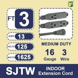 EP - Cable de extensión de 3 pies con enchufe plano, 3 puntas a tierra, 16/3 SPT-3 cable de alimentación para uso en interiores, gris, paquete de 2