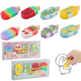 Pack of 8 Children's Erasers, Fruit Flavoured Erasers with Fruit Motif, Cute Erasers with Ice Cream Moulds, Funny Erasers for Children Writing, Drawing
