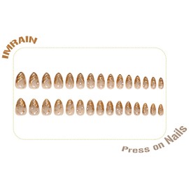 IMRAIN Press on Nails Medium Almond 3D Golden French Tips Fake Nails Glossy Glue on Nails with Star Designs Full Cover Artificial Acrylic False Nails Reusable Glue Stick on Nails for Women