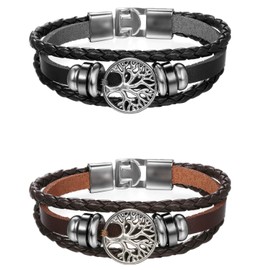 Flongo Tree of Life Leather Bracelet: 2 Pack Brown Black Viking Tree of Life Symbol Pendant Necklace Leather Bracelet Braided Bracelet with Magnet Closure for Men