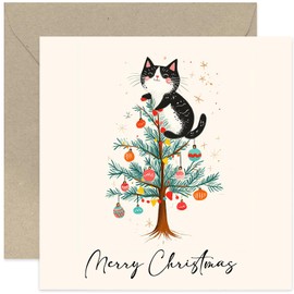 Funny Cat Christmas Tree Card Design For Friend - Merry Christmas Cat Climbing Tree Greeting Card - Happy New Year - For Boyfriend Girlfriend Husband Wife - Playful Design