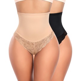 Werena Women Shapewear Tummy Control Thong Underwear High Waisted Body Shaper Panties Lace Shaping Girdle Thongs(B# Mid Rise Black+beige, XXX-Large)
