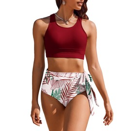 Vozobi Women's Bikini Sets High Neck Crop Top High Waisted Two Pieces Swimsuits Tummy Control Tankini Cute Bathing Suits