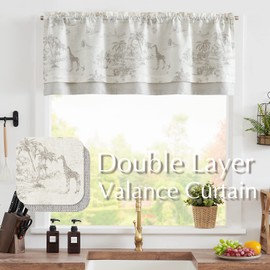 jinchan Linen Valance Curtain 18 Inch Blackout Toile De Jouy Kitchen Valance for Windows Farmhouse Country Rustic Botanical for Living Room Double Layer Rod Pocket 1 Panel Grey on Beige