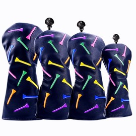 ROYMADE Golf Club Covers Set Colorful Tees Design Driver Covers Fairway Wood Cover Hybrid Cover Leather Golf Wood Head Cover (Color T Black (DR+FW+UT 4pcs))