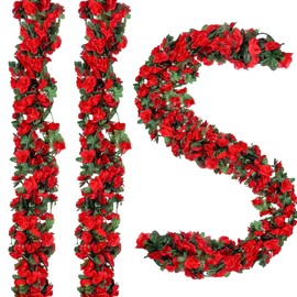 BSMYBO 5Pcs 41FT Artificial Red Flower Garland, Fake Hanging Flower Vines Wine Red Rose with Green Leaves, Faux Silk Flower for Backdrop Decoration Tea Party Wedding Birthday Anniversary Bedroom