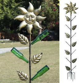 2025 73‘’ Retro Metal Sun Face Glass Bottle Tree Stake for OutdoorColorful Garden Decorative Bottle Holder & Outdoor