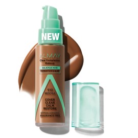 Almay Clear Complexion Acne Foundation Makeup with Salicylic Acid - Lightweight, Medium Coverage, Hypoallergenic, Fragrance-Free, for Sensitive Skin, 910 Mocha, 1 fl oz.