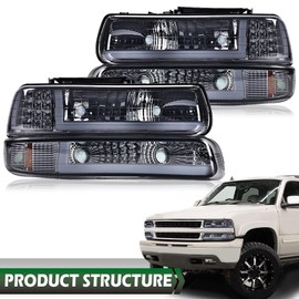 LQI LED DRL Headlights Assembly Compatible with Chevy Silverado 1500 2500 1999-2002/Fit for Suburban Tahoe 2000-2006 Headlamps Smoky lens Amber Reflector