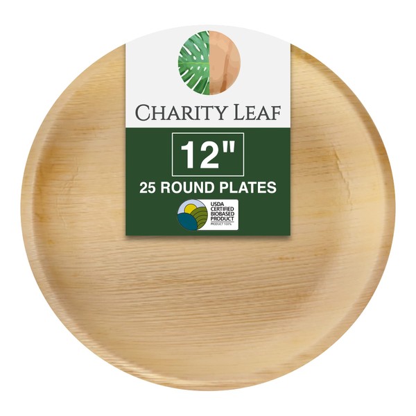 Charity Leaf Disposable Palm Leaf 12" Round Plates (25 pieces) Bamboo Like Serving Platters, Disposable Boards, Eco-Friendly Dinnerware For Weddings, Catering, Events