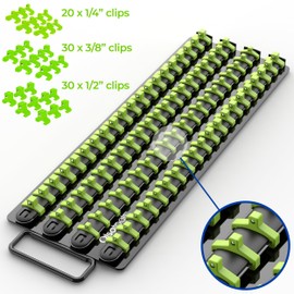 Olsa Tools Portable Socket Organizer Tray - Black Rails with Green Clips - Holds 80 Sockets - Professional Quality Socket Holder - Part 1024