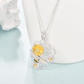 KINGWHYTE Bee Necklace 925 Sterling Silver Bee Honeycomb Necklace Daisy Bee Gifts for Women Girls Mom Bee Jewelry