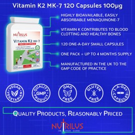 Vitamin K2 MK-7 120 Daily Capsules 100mcg - Highly Bioavailable - Vegan Supplement - Bone Health - Calcium Distribution