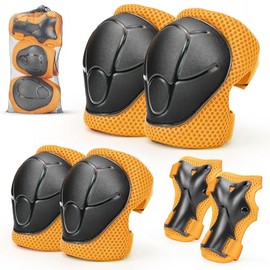 Kids Knee And Elbow Pads ,6pcs Wrist Guard Knee And Elbow Pads for Children, Kids Sports Protective Gear Set With Mesh Bag for Skateboard, Roller Skating, Biking, And Outdoor Multi-Sports (Orange)