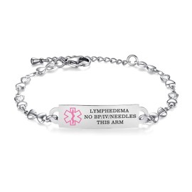 Medical Alert Bracelet for Women Heart chain Medical ID Bracelets 6.5-8 inch Adjustable (Steel,LYMPHEDEMA ALERT)