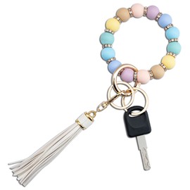 Key Ring Bracelet for Women Keychain Wristlet Holder Key Chains for Car Keys Bag Wallet Rings Silicone Bead Bangle Chains Accessories with Zircon & Tassel for Girls Birthday Gift-Light Rainbow