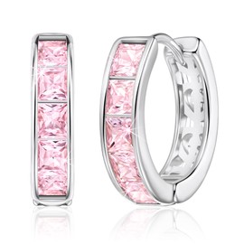 Linawe Silver Hoop Earrings for Women Trendy, Pink Cubic Zirconia Moissanite Earrings Studs, Flat Back Helix Pride Cute Small Huggie Earrings, Cartilage Cuff Ear Piercing Nap
