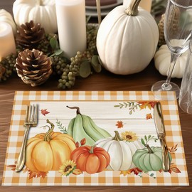 Bonhause Fall Pumpkins Leaves Placemats Set of 4, 12x18 Inch Buffalo Plaid Autumn Thanksgiving Kitchen Dinning Table Mats Washable Place Mats for Indoor Outdoor Home Party Decor