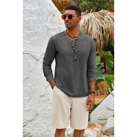 Mens Distressed Henley Shirts Retro Long Sleeve Tee Shirts Casual Button Down Washed T-Shirts for Men Grey