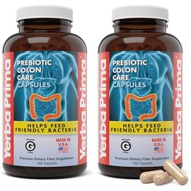 Yerba Prima Cápsulas prebióticas para el cuidado del colon, 400 cápsulas (paquete de 2) cinco formas de suplemento de fibra dietética fibras solubles 
