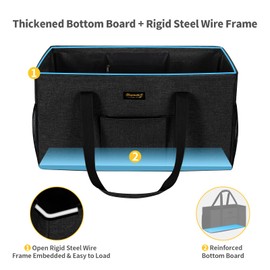 TxvzgHome Standing Extra Large Utility Tote Bag with Metal Wire Frame & Hard Bottom, Extra Large Beach Bag with Handle, Reusable Grocery Bag Foldable, Car Tote (Black, 22.5''x10.5''x12'')