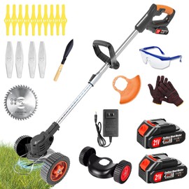 Electric Weed Wacker Cordless Eater Battery Powered, 21V Lightweight Stringless Grass Trimmer/Edger/Brush Cutter, 3 in 1 Weed Trimmer with 2 Battery Operated and Wheels for Yard and Garden