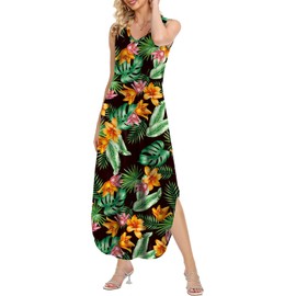 Women's Summer Dresses V Neck Flower Sun Dresses Luau Long Casual Dress Rounded Hem Boho Dresses Medium