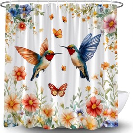 Hummingbird Floral Shower Curtain Rustic Orange Watercolor Floral Plant Bird Pink Purple Wildflower Butterfly Green Leaves Spring Nature Scenery Country Fabric Bathroom Curtain with Hook