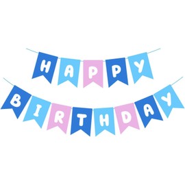 Lumjoy Blue & Pink Happy Birthday Banner for Kids – Cute Party Decorations for Boys, Girls & Toddlers – Garland Bunting with Satin String for Wall, Door, and Photo Backdrop Decor