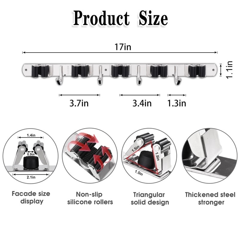 2 Pack Mop and Broom Holder Wall Mount, 5 Racks