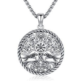 Viking Necklace Men's 925 Sterling Silver Thor's Hammer / Tree of Life / Compass / Odin / Wolf / Celtic Knot Pendant Necklace Amulet Nordic Mythology Viking Jewellery for Men Women, Sterling Silver,